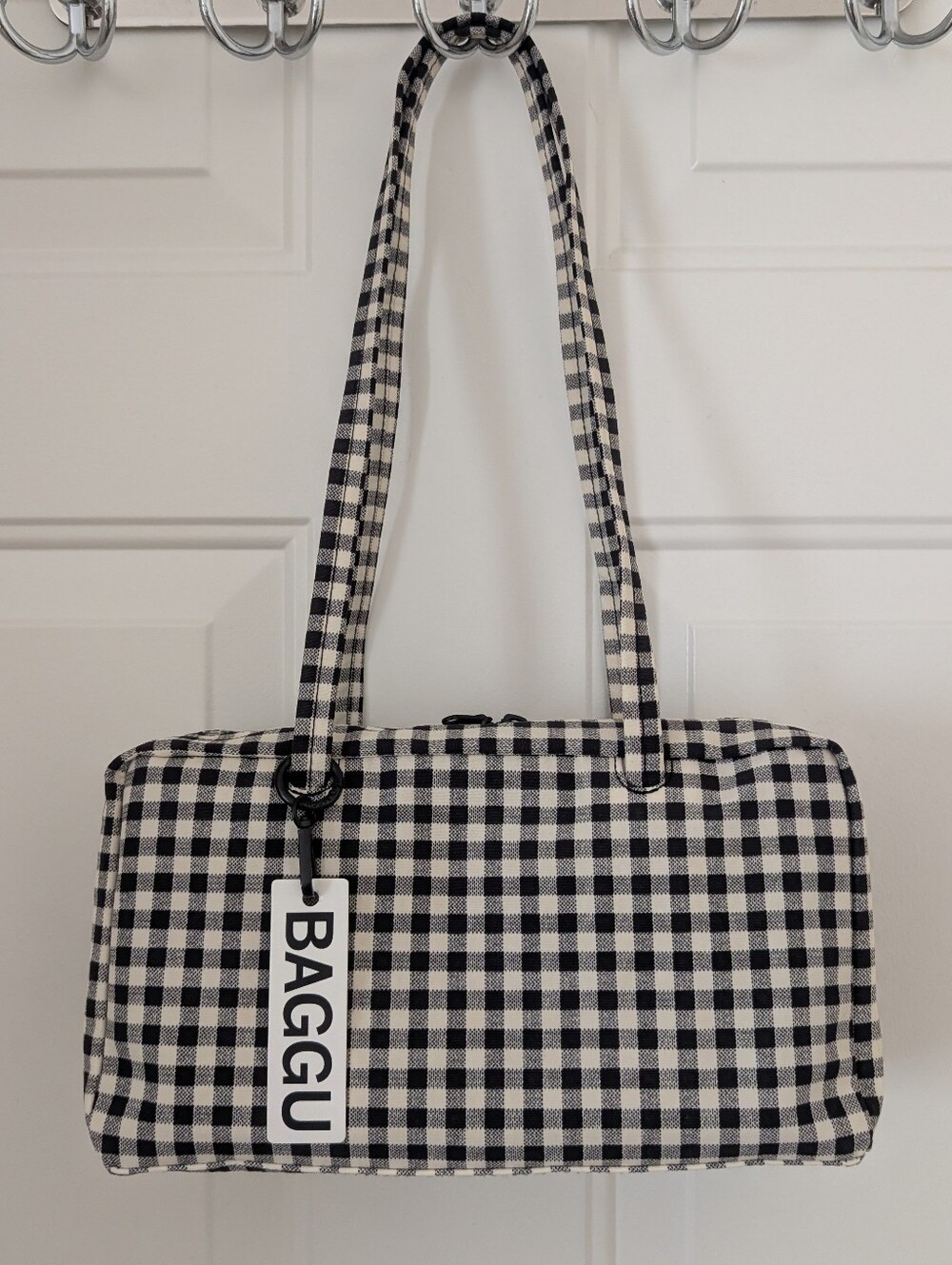 BAGGU Nylon Bowler Shoulder Bag Black & White Gingham Regular